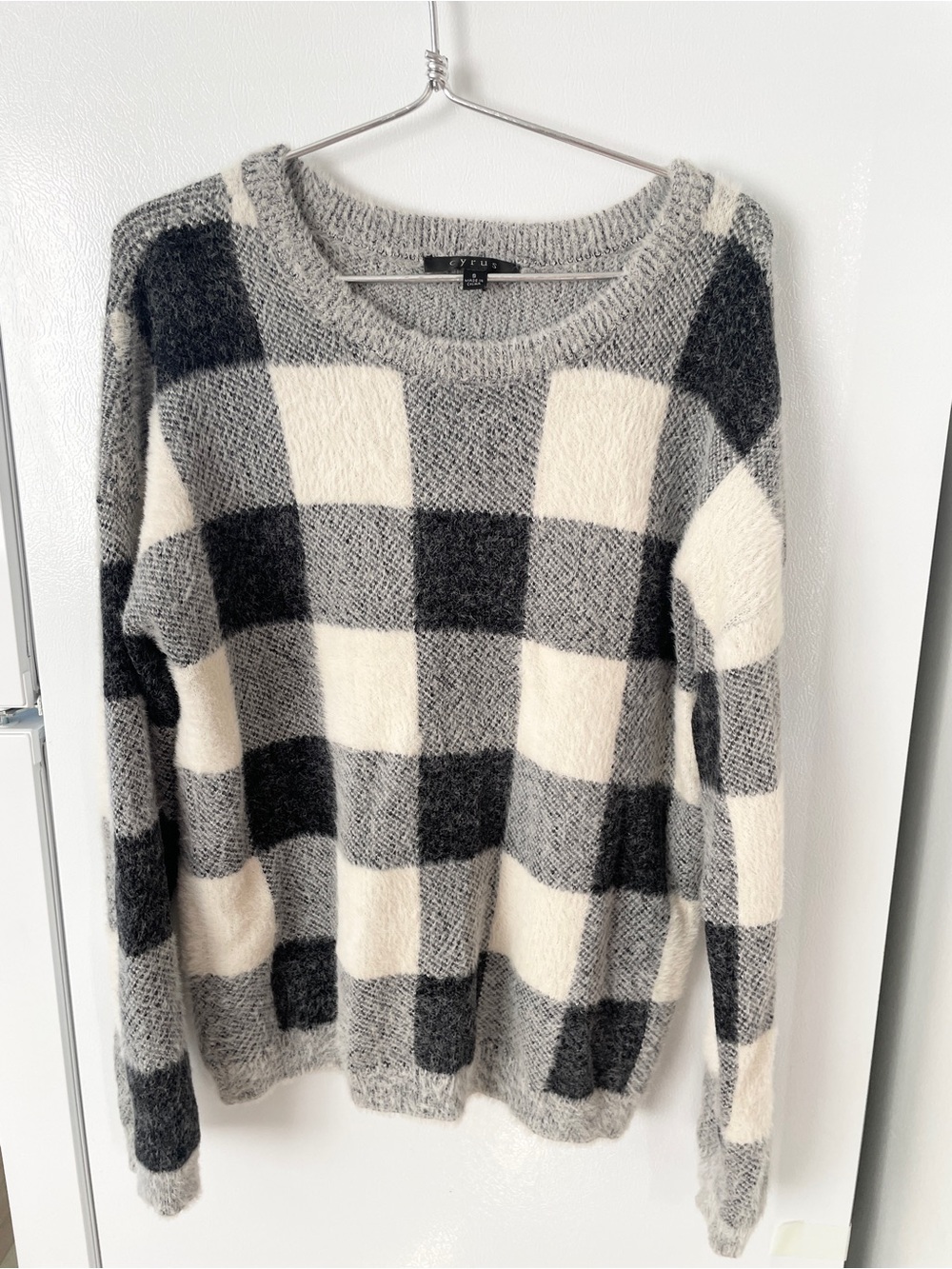 Cyrus Black, Gray & Cream Buffalo Check Crewneck Sweater